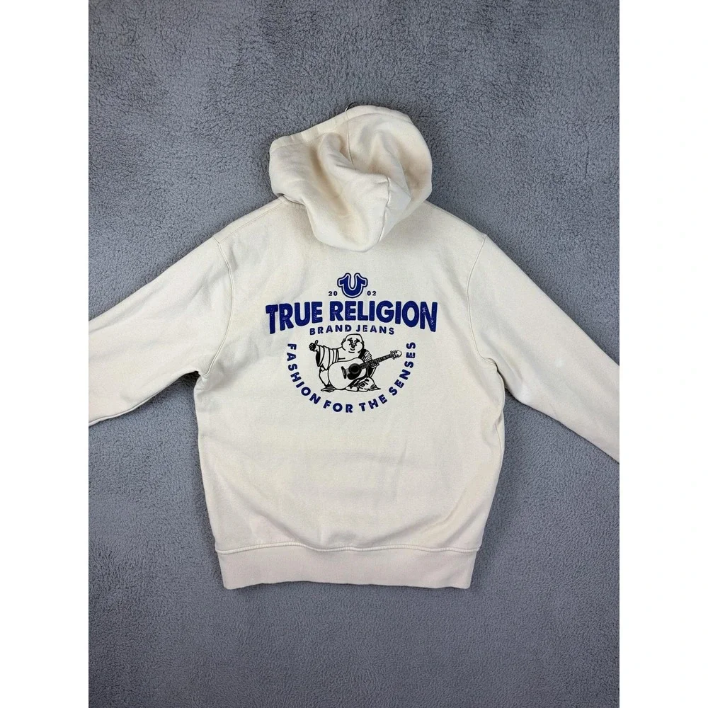 True Religion Hoodie Jacket Mens XL White Full Zip Fleece Buddha Graphic Back